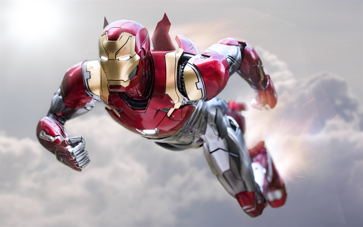 Volando IronMan, 4k, cielo, IronMan en el Nuevo Traje de superh&#233;roes, DC Comics, Iron Man, IronMan