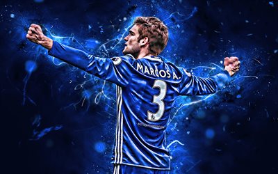 Marcos Alonso, back view, Chelsea FC, spanish footballers, soccer, defender, Alonso, Premier League, football, neon lights