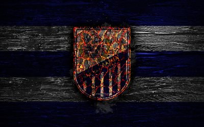 Lamia FC, fire logo, Greece Super League, blue and white lines, greek football club, grunge, football, soccer, Lamia logo, wooden texture, Greece