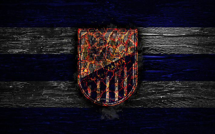 Lamia FC, fuoco, logo, Grecia Super League, blu e bianco a righe, greco football club, grunge, calcio, Lamia, di legno, texture, Grecia