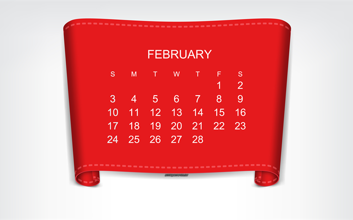2019 febbraio del Calendario, arte, rosso, elemento in carta, 2019 Anno Nuovo, Nel 2019, Calendari, febbraio, 2019 concetti, calendario per febbraio 2019