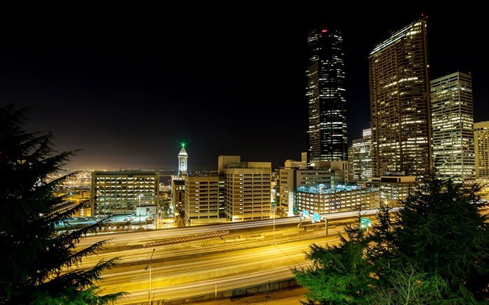 Seattle, rascacielos, noche, de carretera, de noche, Am&#233;rica, estados UNIDOS