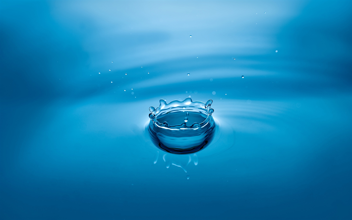 4k, drop, blue water, close-up, splashes