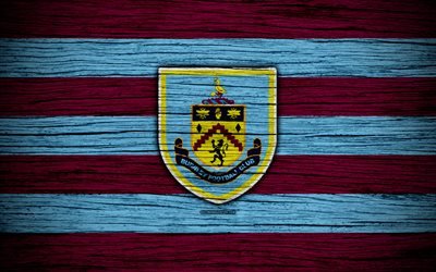 Burnley, 4k, Premier League, logo, England, wooden texture, FC Burnley, soccer, football, Burnley FC