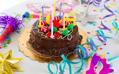 Happy Birthday, chocolate cake, 4k, candles, sweets, congratulations, birthday cake