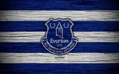 Everton, 4k, Premier League, logo, England, wooden texture, FC Everton, soccer, football, Everton FC