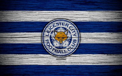 Leicester City, 4k, Premier League, logo, England, wooden texture, FC Leicester City, soccer, football, Leicester City FC