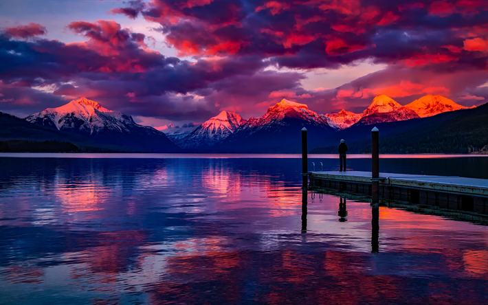 El lago Mcdonald, muelle, puesta de sol, american monumentos, Montana, estados UNIDOS, Am&#233;rica