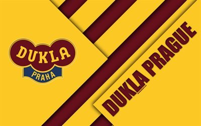 Dukla Prague FC, 4k, logo, material design, yellow red abstraction, Czech football club, Prague, Czech Republic, football, Czech First League
