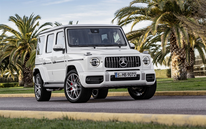 Mercedes-Benz G63 AMG, via, 4k, 2019 automobili, bianco Gelendvagen, nuove auto, Suv, Mercedes Classe G, auto tedesche, Mercedes, Gelendvagen