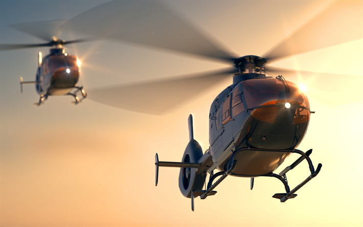 Eurocopter EC135, Airbus Helicopters H135, modern light helicopters, sky, sunset, French helicopters