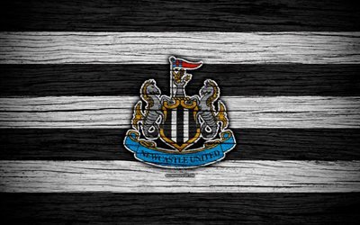 Newcastle United, 4k, Premier League, logo, England, wooden texture, NUFC, FC Newcastle United, soccer, football, Newcastle United FC, Newcastle Utd