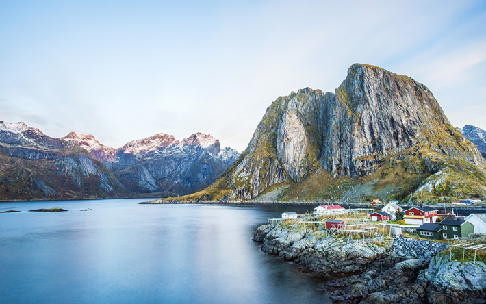 4k, Europe, Norway, rocks, mountains, sea, Lofoten islands