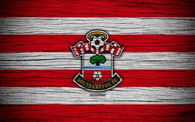 Southampton, 4k, Premier League, logo, England, wooden texture, FC Southampton, soccer, football, Southampton FC