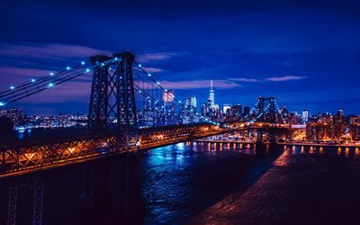 Puente de Brooklyn, 4k, iluminaci&#243;n azul, nghtscapes, Nueva York, Manhattan, estados unidos, USA