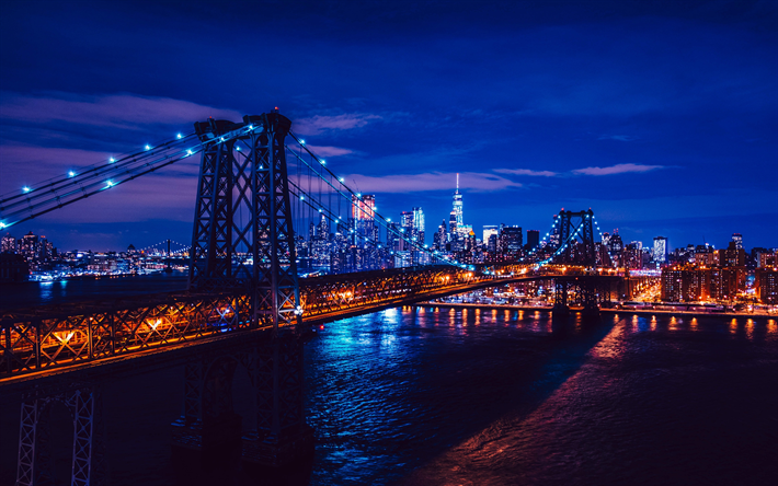 Download wallpapers Brooklyn Bridge, 4k, blue illumination, nghtscapes