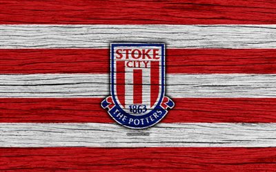 Stoke City, 4k, Premier League, logo, England, wooden texture, FC Stoke City, soccer, football, Stoke City FC