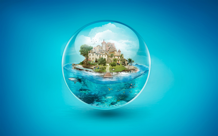 separado do mundo, bolha, castelo, ilha tropical, mundo subaqu&#225;tico, meu mundo de conceitos