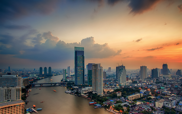 bangkok, 4k, sonnenuntergang, panorama, stadtansichten, thailand, asien
