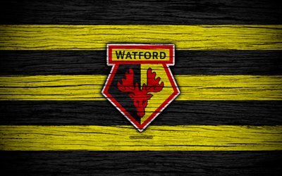 Watford, 4k, Premier League, le logo, l&#39;Angleterre, la texture de bois, de Watford FC, de soccer, de football