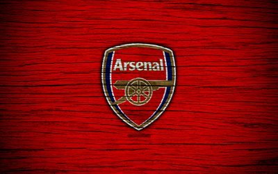 Arsenal, 4k, Premier Lig, logo, İngiltere, ahşap doku, FC Arsenal, futbol, Arsenal FC