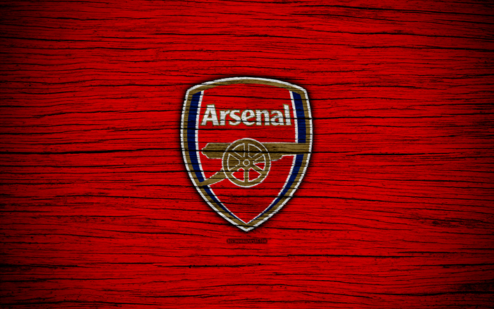 Arsenal, 4k, Premier League, logo, England, wooden texture, The Gunners, FC Arsenal, soccer, football, Arsenal FC