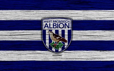 El West Bromwich Albion, 4k, Premier League, logotipo, Inglaterra, textura de madera, FC West Bromwich Albion, soccer, football, el West Bromwich Albion FC