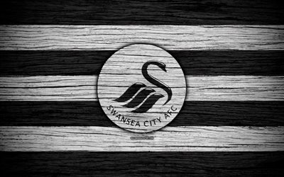 Swansea City, 4k, Premier League, logo, England, wooden texture, FC Swansea City, soccer, Swansea, football, Swansea City FC