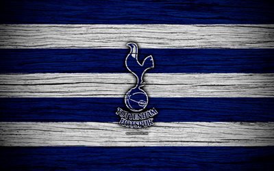 Tottenham Hotspur, 4k, Premier League, logo, England, wooden texture, FC Tottenham Hotspur, soccer, Tottenham, football, Tottenham Hotspur FC