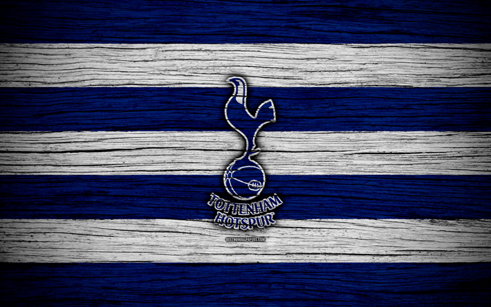 Tottenham Hotspur, 4k, Premier League, logo, England, wooden texture, FC Tottenham Hotspur, soccer, Tottenham, football, Tottenham Hotspur FC