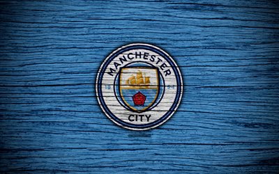 O Manchester City, 4k, Premier League, logo, Inglaterra, textura de madeira, O Manchester City FC, futebol, O Homem Da Cidade
