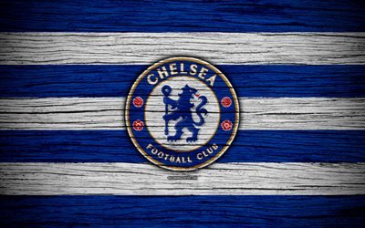 Chelsea, 4k, Premier League, le logo, l&#39;Angleterre, la texture de bois, le FC Chelsea, le soccer, le football, Chelsea FC