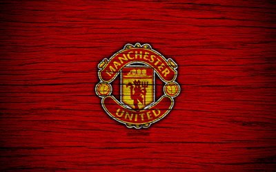 El Manchester United, 4k, de la Liga Premier, logotipo, Inglaterra, textura de madera, FC Manchester United, f&#250;tbol, MU, el f&#250;tbol, el Manchester United FC, Man United