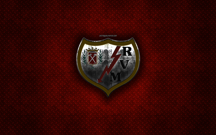 El Rayo Vallecano, club de f&#250;tbol espa&#241;ol, de metal rojo de textura de metal, logotipo, emblema, Madrid, Espa&#241;a, La Liga, creativo, arte, f&#250;tbol