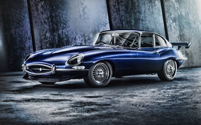 Jaguar E-Type, 4k, voitures de sport, Jaguar XK-E, british cars, voitures r&#233;tro, blue E-Type, Jaguar