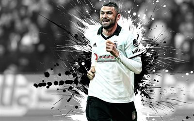 Burak Yilmaz, 4k, Turkish football player, Besiktas, striker, black and white paint splashes, creative art, Turkey, football, grunge, Yilmaz