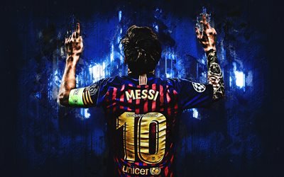 Lionel Messi, sininen kivi, FCB, Barcelona FC, takaisin n&#228;kym&#228;, argentiinalaiset jalkapalloilijat, keltainen yhten&#228;inen, Liiga, Messi, Leo Messi, grunge, LaLiga, Espanja, Barca, jalkapallo, jalkapallo t&#228;hte&#228;