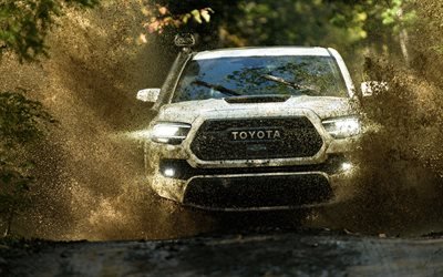 Toyota Tacoma, 4k, offroad, de la boue, 2019 voitures, Suv, blanc tacoma, japonais, Toyota