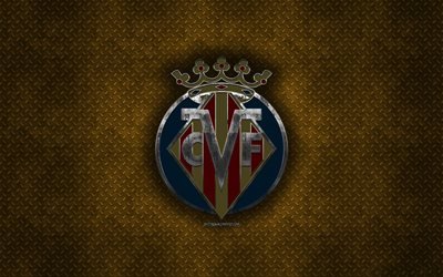 Villarreal CF, Spansk fotbollsklubb, bl&#229; metall textur, metall-logotyp, emblem, Valencia, Spanien, Ligan, kreativ konst, fotboll