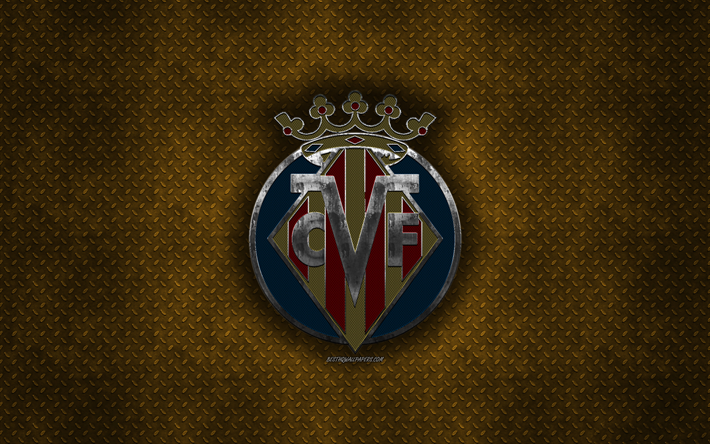 El Villarreal CF, club de f&#250;tbol espa&#241;ol, de metal azul textura de metal, logotipo, emblema, Valencia, Espa&#241;a, La Liga, creativo, arte, f&#250;tbol