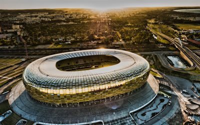Stadion Energa Gdansk, 4k, Pge Arena, flygfoto, sunset, HDR, Baltic Arena, polska arenor, fotboll stadion, Gdansk, Polen, Lechia Gdansk Stadium