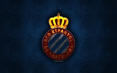 El RCD Espanyol, club de f&#250;tbol espa&#241;ol, de metal azul textura de metal, logotipo, emblema, Barcelona, Catalu&#241;a, Espa&#241;a, La Liga, creativo, arte, f&#250;tbol
