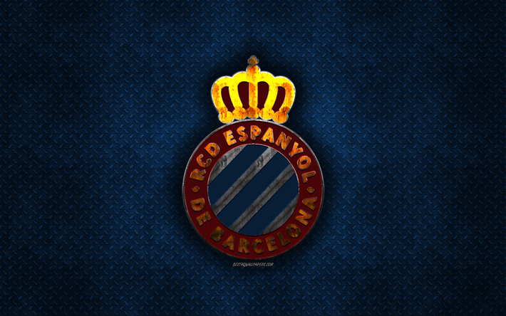 RCD Espanyol, Spanish football club, blue metal texture, metal logo, emblem, Barcelona, Catalonia, Spain, La Liga, creative art, football