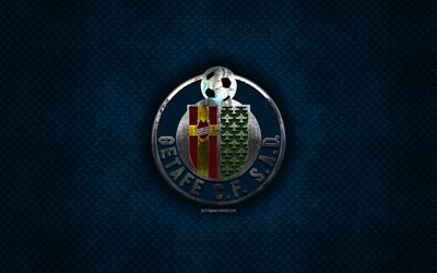 CF Getafe, Spansk fotbollsklubb, bl&#229; metall textur, metall-logotyp, emblem, Getafe, Spanien, Ligan, kreativ konst, fotboll