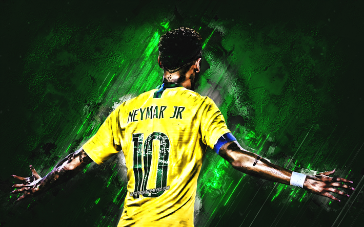 Neymar, back view, football stars, Brazil National Team, green stone, Neymar JR, soccer, grunge, Brazilian football team