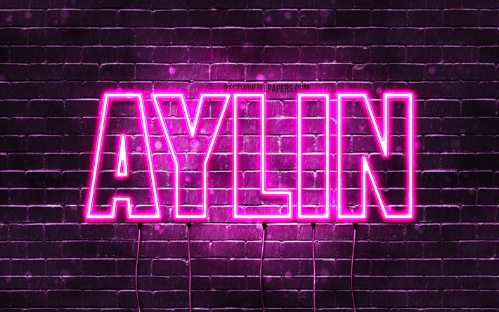 Aylin, 4k, wallpapers with names, female names, Aylin name, purple neon lights, horizontal text, picture with Aylin name