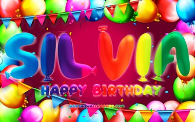 Mutlu Yıllar Silvia, 4k, renkli balon &#231;er&#231;eve, Silvia adı, mor arka plan, Mutlu Yıllar Silvia Silvia Yıllar, pop&#252;ler İspanyolca Bayan isimleri, Doğum g&#252;n&#252; kavramı, Silvia