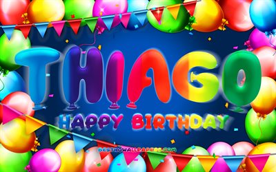 Joyeux Anniversaire Thiago, 4k, color&#233; ballon cadre, Thiago nom, fond bleu, Thiago Joyeux Anniversaire, Thiago Anniversaire, populaire espagnol des noms masculins, Anniversaire concept, Thiago