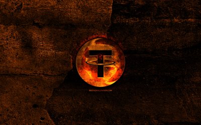 Tether fiery logo, orange stone background, creative, Tether logo, cryptocurrency, Tether