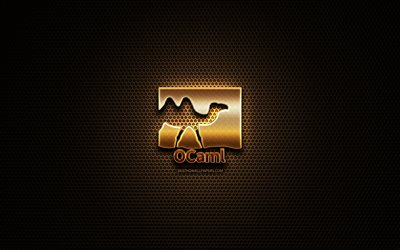 OCaml glitter logo, programming language, grid metal background, OCaml, creative, programming language signs, OCaml logo